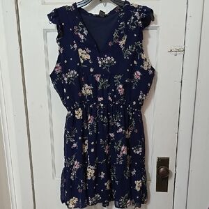 Robert Louis Navy Floral Vneck Sleeveless Short Dress Fully Lined  Size Large